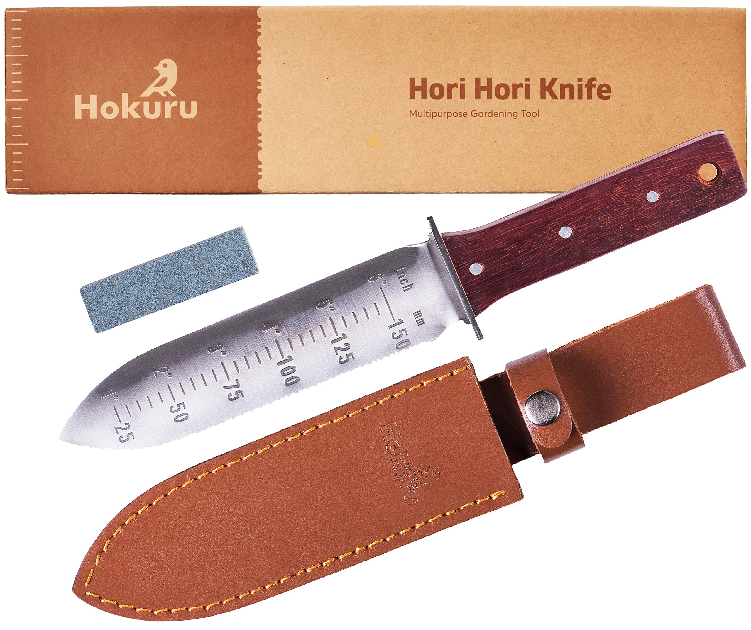 HOKURU Hori Hori knife close-up blade with durable stainless steel for digging and cutting tasks.