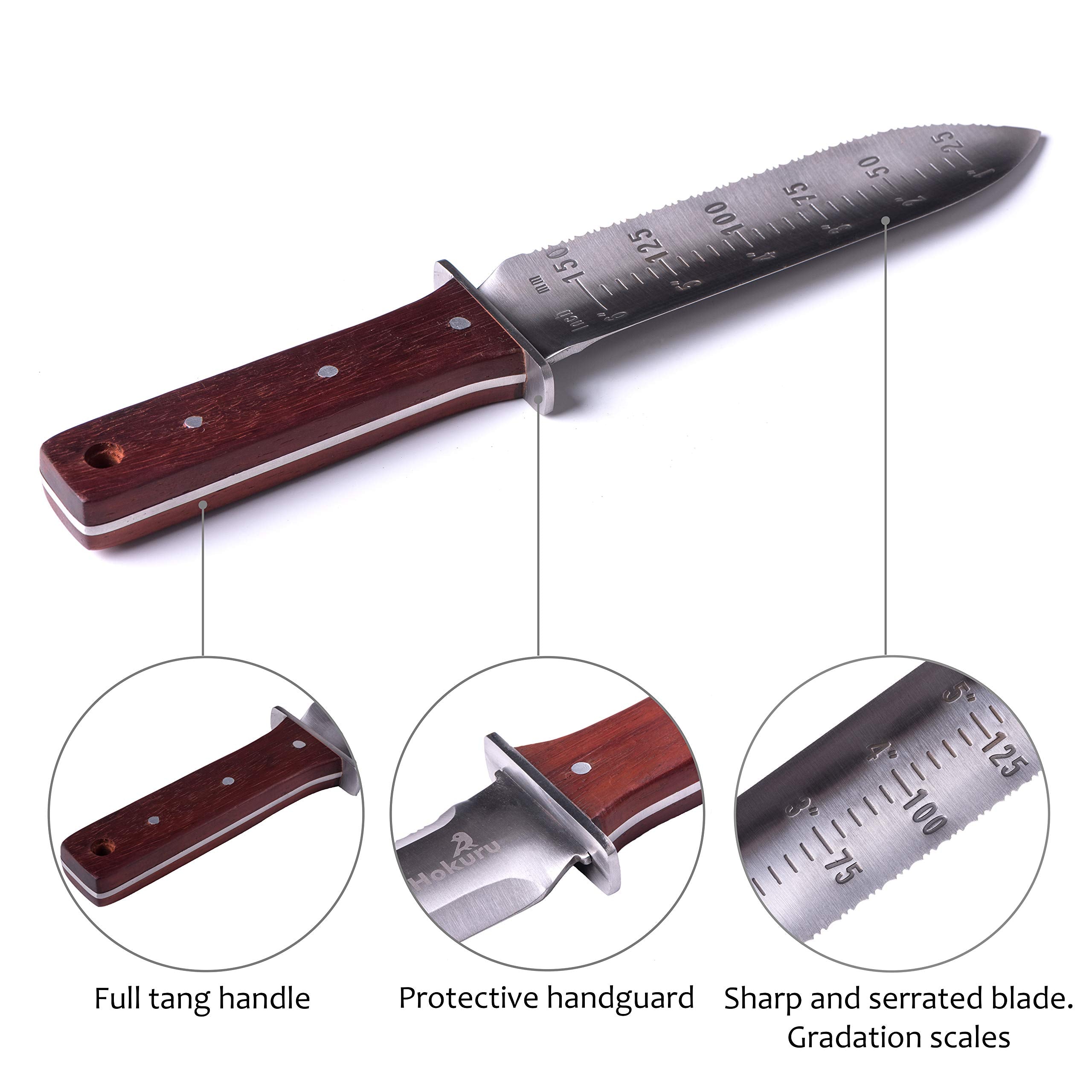HOKURU Hori Hori knife in garden setting for digging tasks with ergonomic handle.