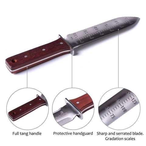 HOKURU Hori Hori knife in garden setting for digging tasks with ergonomic handle.