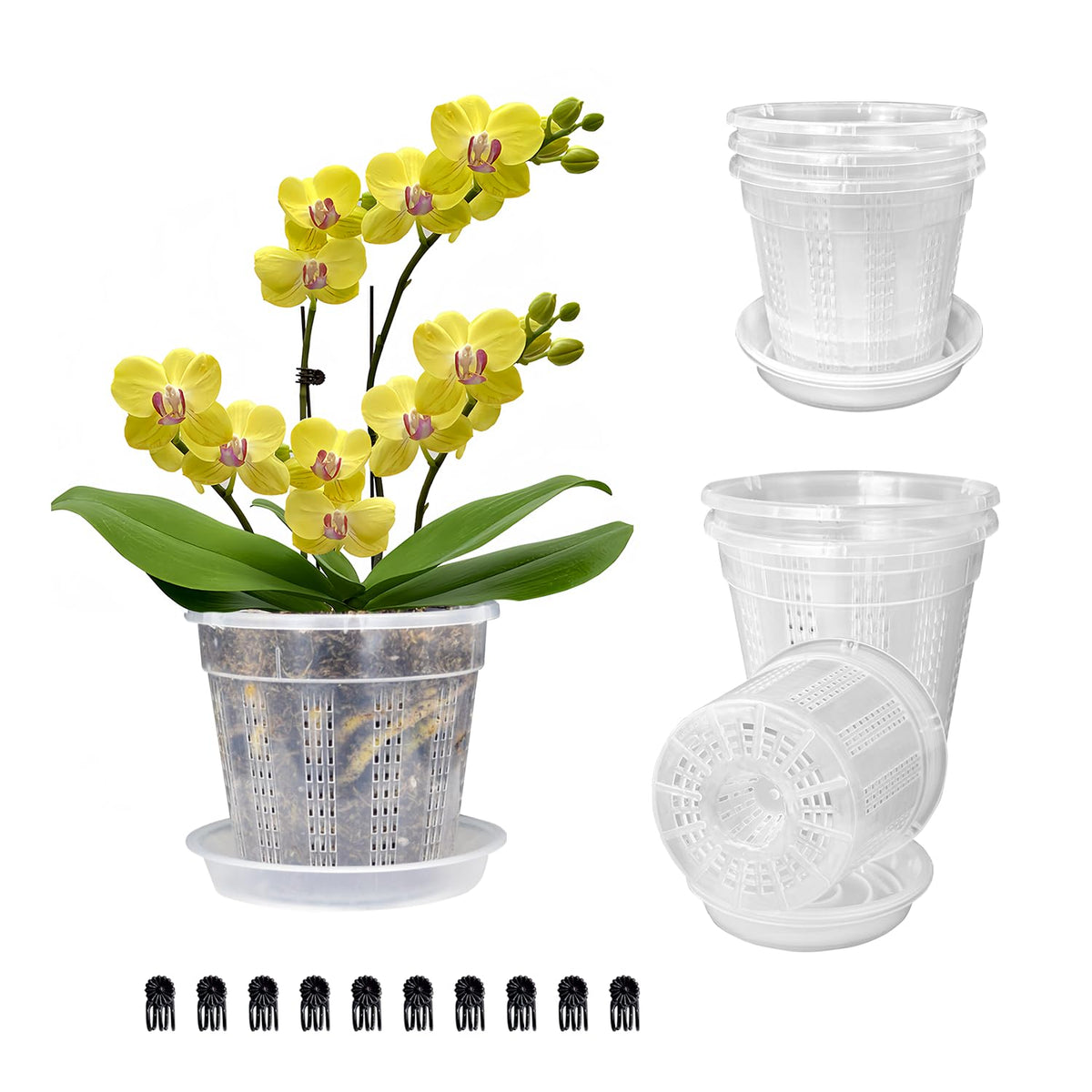 HOLANHING orchid pot 4.3-inch with saucers for stable placement and drainage.