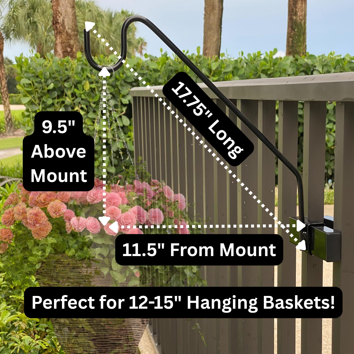 Hold It Mate bird feeder hook on deck railing, clear view of feeders.