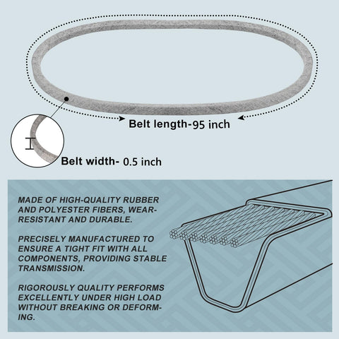 Holdly deck belt 95in side view highlighting reinforced material for consistent cutting power.