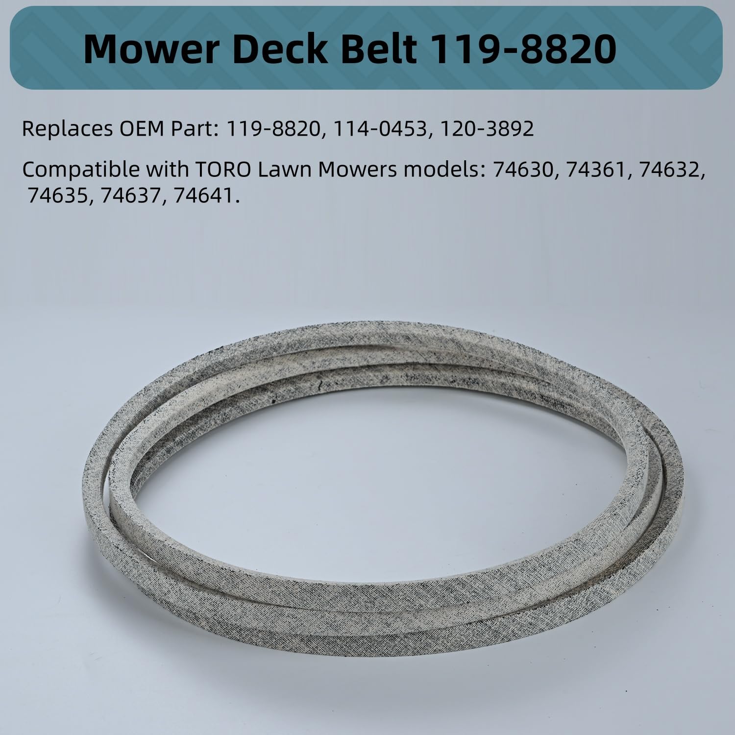 Holdly 120-3892 compatible belt maintains tension for Exmark and Toro decks.