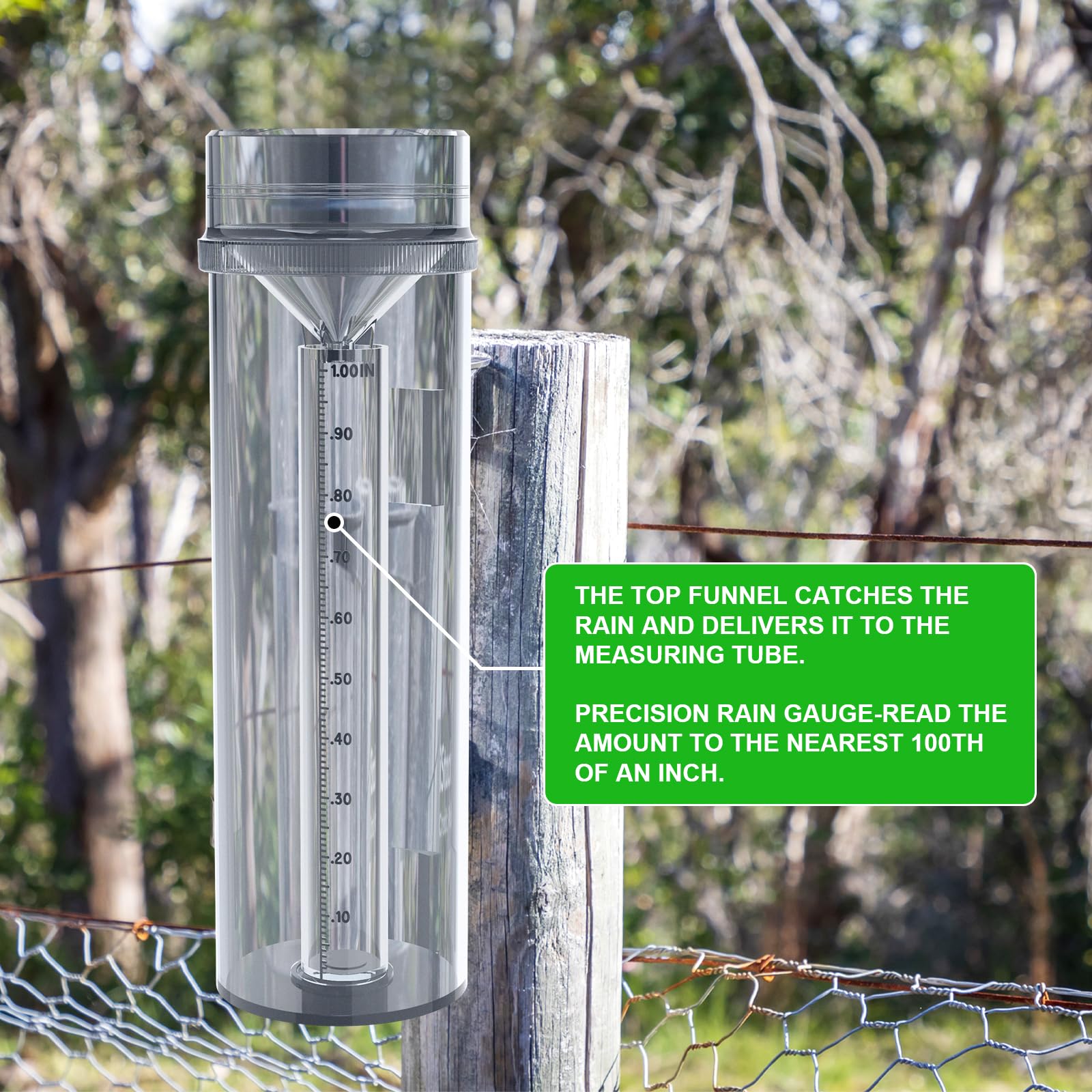Holdly Precise Rain Gauge measuring tube shows 0.01 inch increments for precise readings.