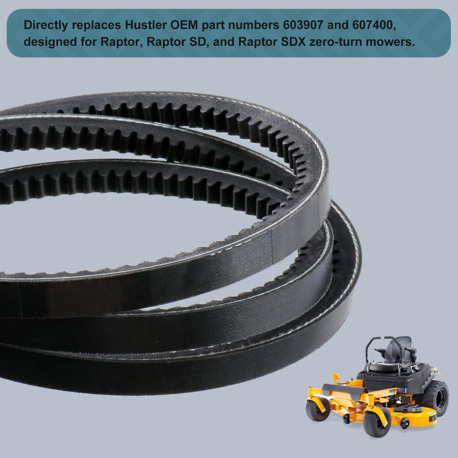 Holdly belt in running mower demonstrates reduced slippage and steady drive.