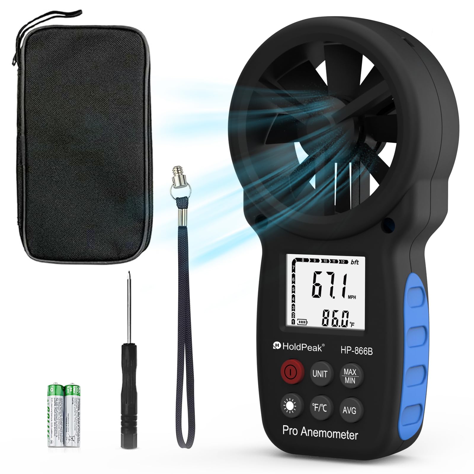HoldPeak 866B wind speed readout for real-time outdoor conditions.