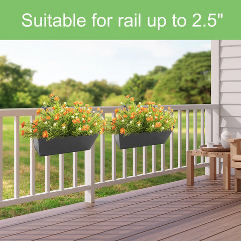 Holensun railing planters installed on a railing supporting herbs and strawberries.