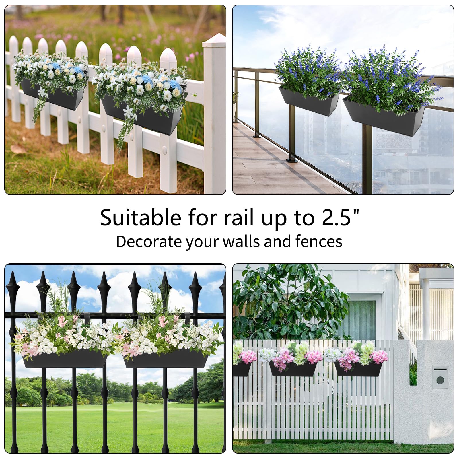Holensun black planter boxes mounting on a fence create a focal point.