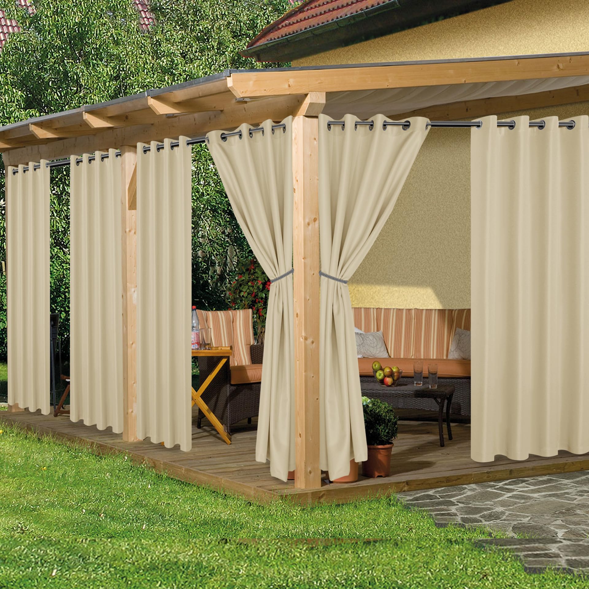HolidayIdeas outdoor curtains cream eight-panel set blocks sunlight for patio privacy.