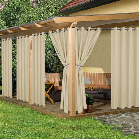 HolidayIdeas outdoor curtains cream eight-panel set blocks sunlight for patio privacy.