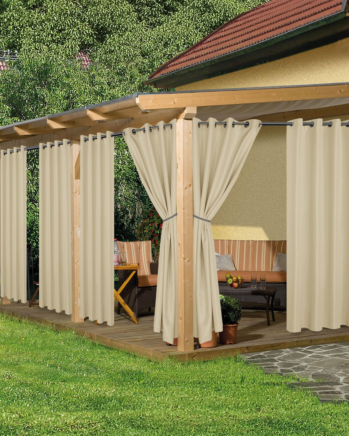 HolidayIdeas cream grommet-top outdoor curtains ready for porch privacy and sun protection.