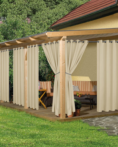 HolidayIdeas cream grommet-top outdoor curtains ready for porch privacy and sun protection.