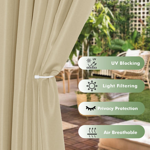 HolidayIdeas cream curtains block UV rays, enhancing outdoor relaxation and comfort.