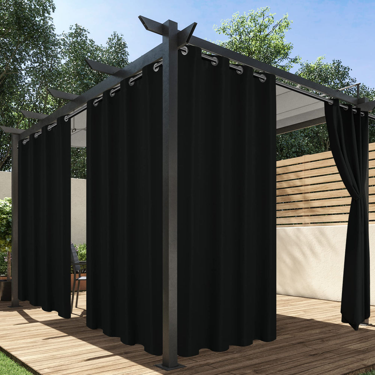 HolidayIdeas outdoor curtain draped on gazebo for privacy and shade.