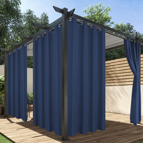HolidayIdeas navy outdoor curtains on a patio for privacy and light control.