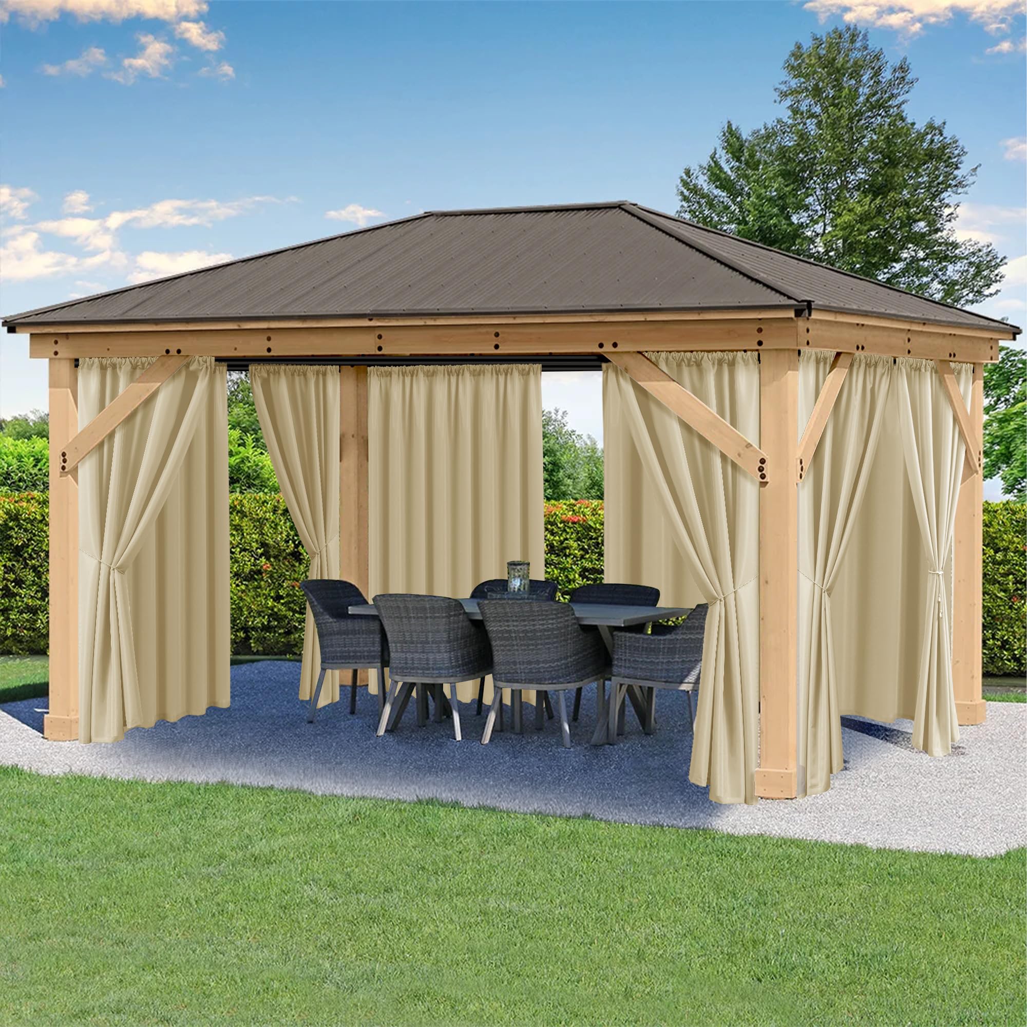 HolidayIdeas rod-pocket outdoor curtains provide easy installation and privacy for balconies.