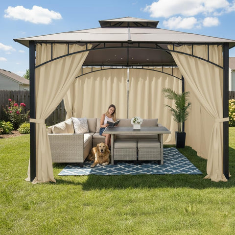 HolidayIdeas waterproof cream curtains block sun and rain for a cooler patio.
