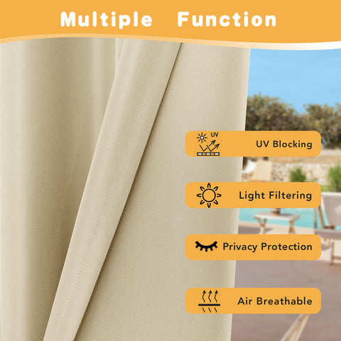 HolidayIdeas waterproof polyester curtains endure sun and rain for durable outdoor use.