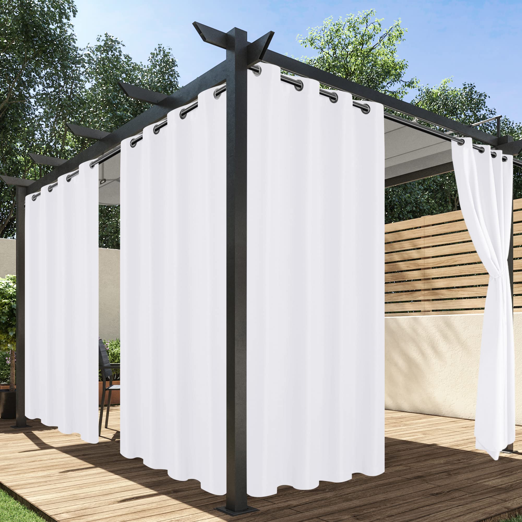 HolidayIdeas white outdoor curtains draped on patio for privacy.