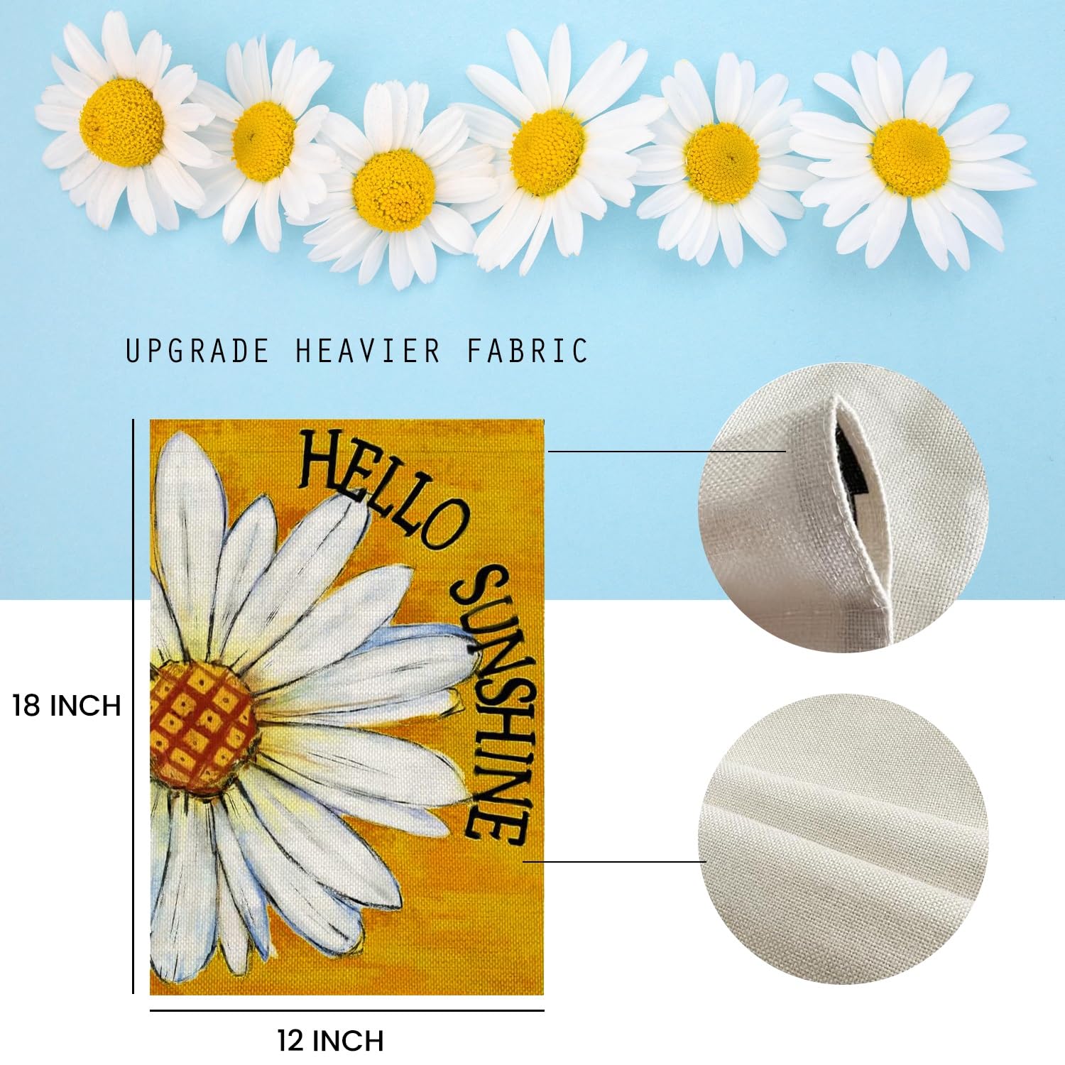 HOLIHIFI Hello Sunshine Daisy burlap flag adds outdoor texture.
