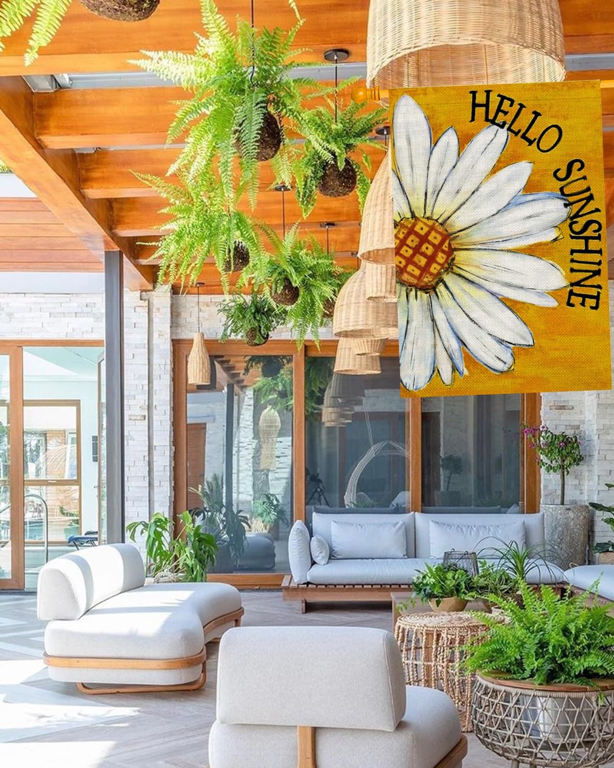 HOLIHIFI Hello Sunshine Daisy flag back view with double-sided visibility.
