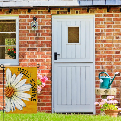 HOLIHIFI Hello Sunshine Daisy yard flag on orange background boosts spring vibe.