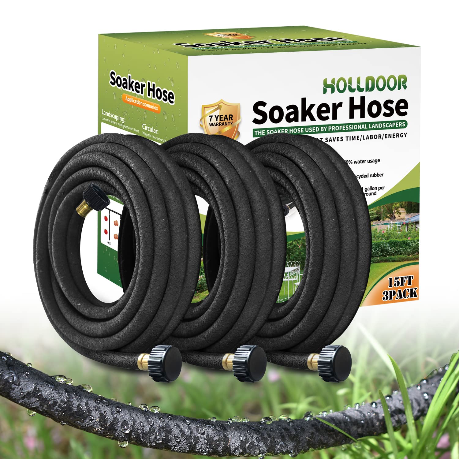 Holldoor 3-pack 15ft short soaker hose set for flexible garden watering.