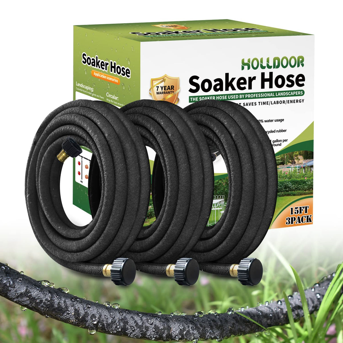 Holldoor 3-pack 15ft short soaker hose set for flexible garden watering.