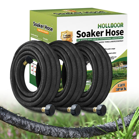 Holldoor 3-pack 15ft short soaker hose set for flexible garden watering.