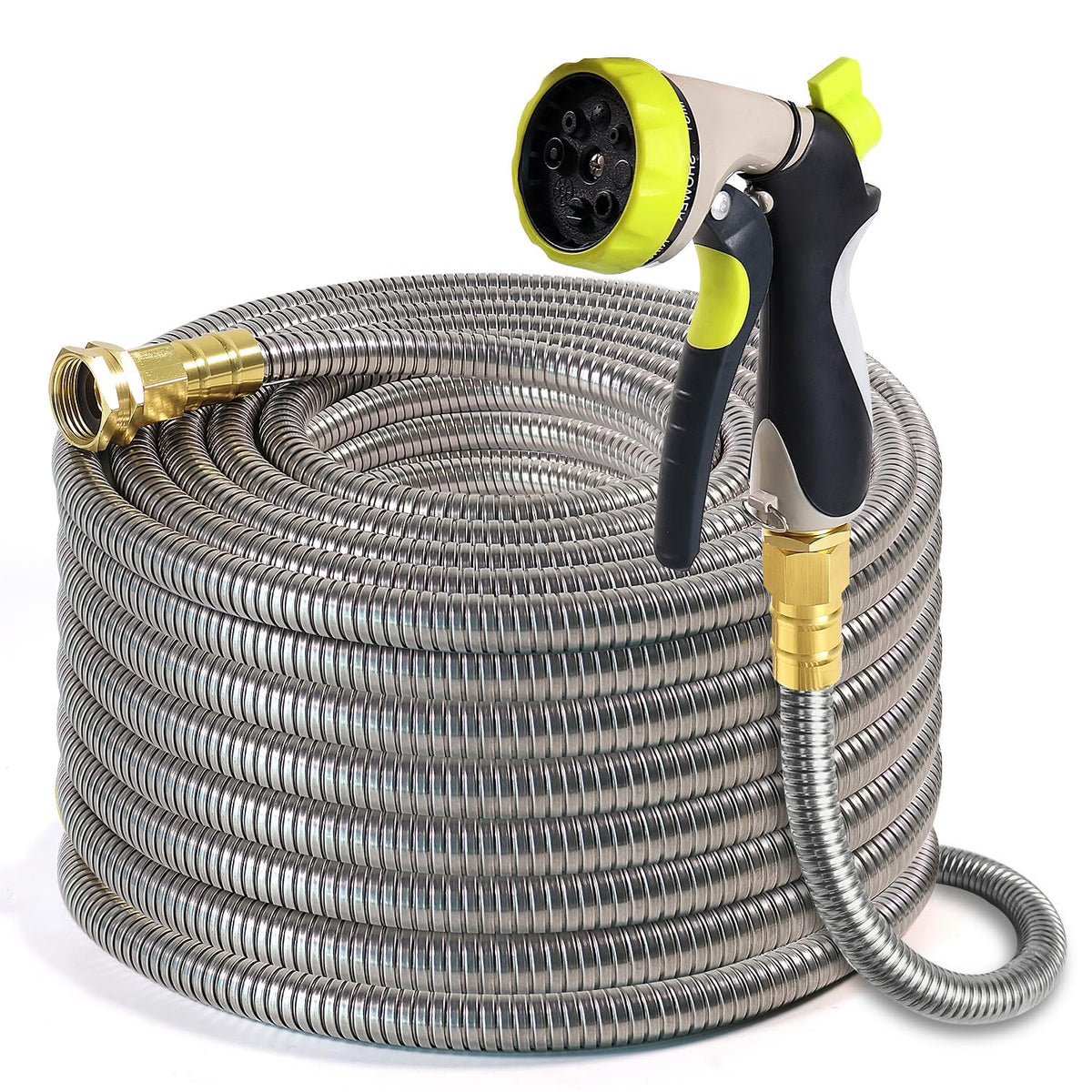 Holldoor metal garden hose 25 ft shows stainless steel outer shell for puncture resistance and durability
