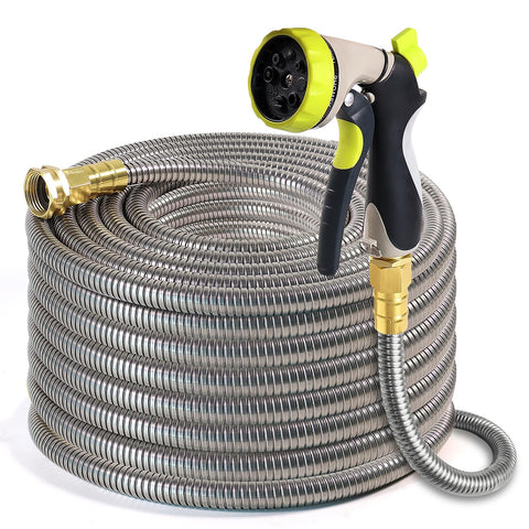 Holldoor metal garden hose 25 ft shows stainless steel outer shell for puncture resistance and durability