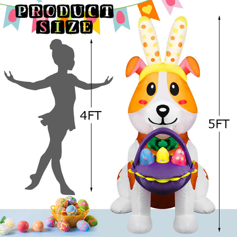 Hollowfly dog holds Easter eggs in a basket with built-in LED lights