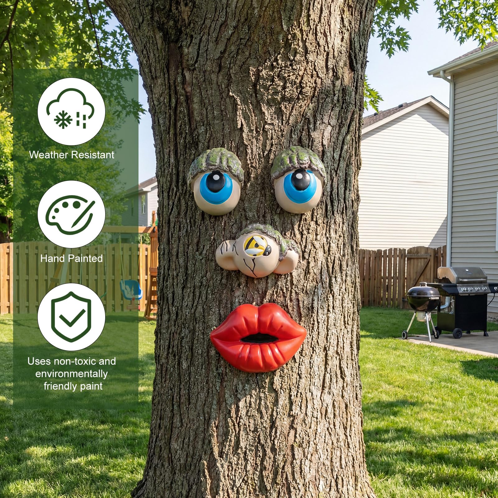 Hollowfly Tree Face Decor mouth detail creates a friendly expression outdoors