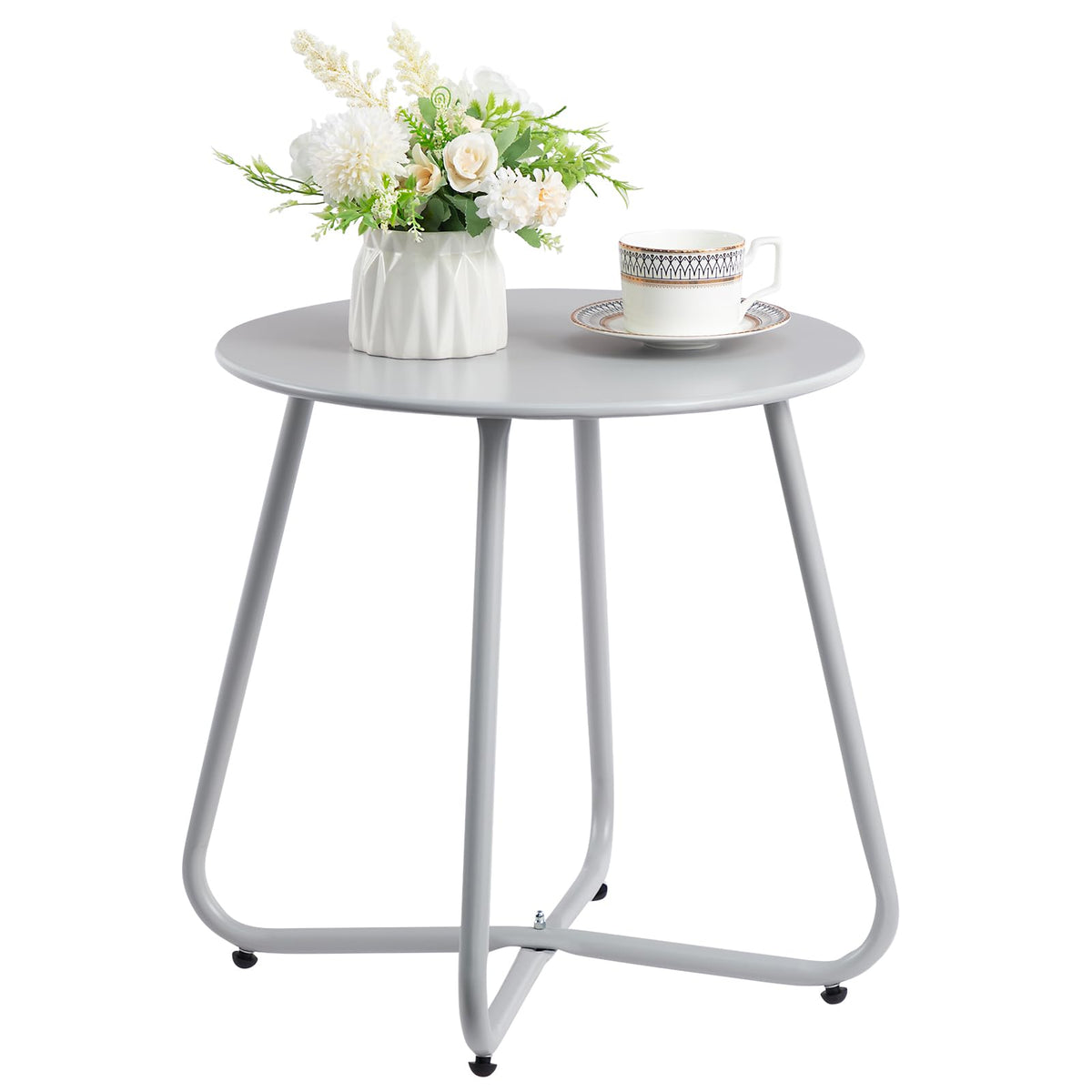 HollyHOME round metal side table in grey with rust-resistant finish for outdoor spaces.
