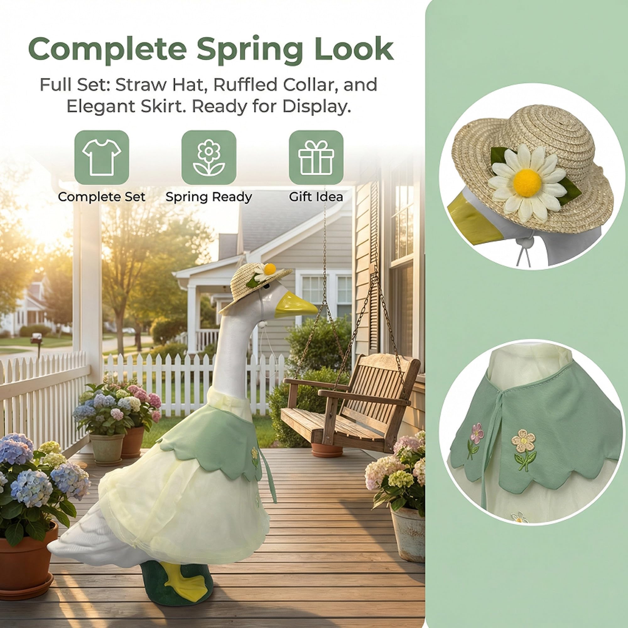 Holoith floral skirt adds color and whimsy to outdoor goose statues.