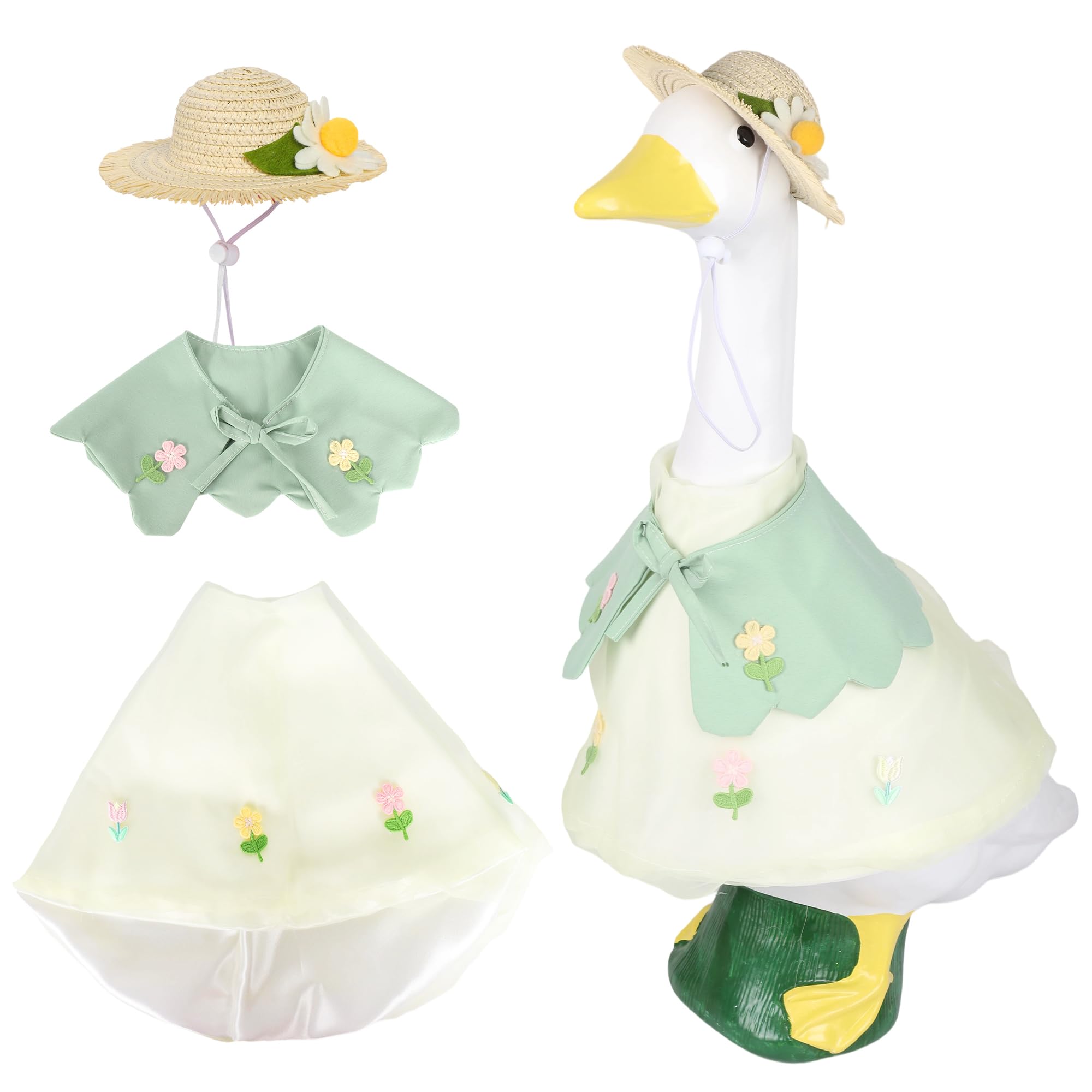 Holoith spring porch goose outfit with straw hat on a 23-inch statue adds playful curb appeal.