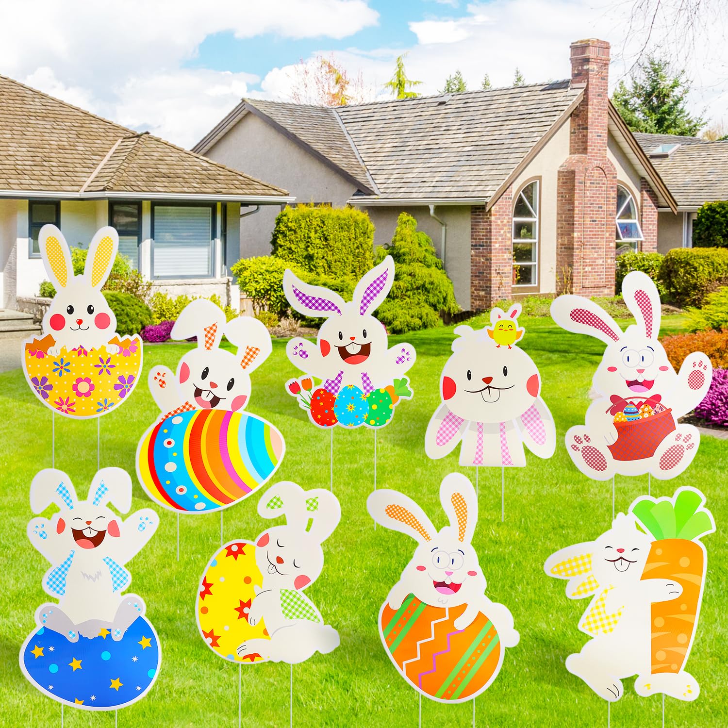 HOLYFUN Easter yard sign 9-pack boosts curb appeal for outdoor celebrations.