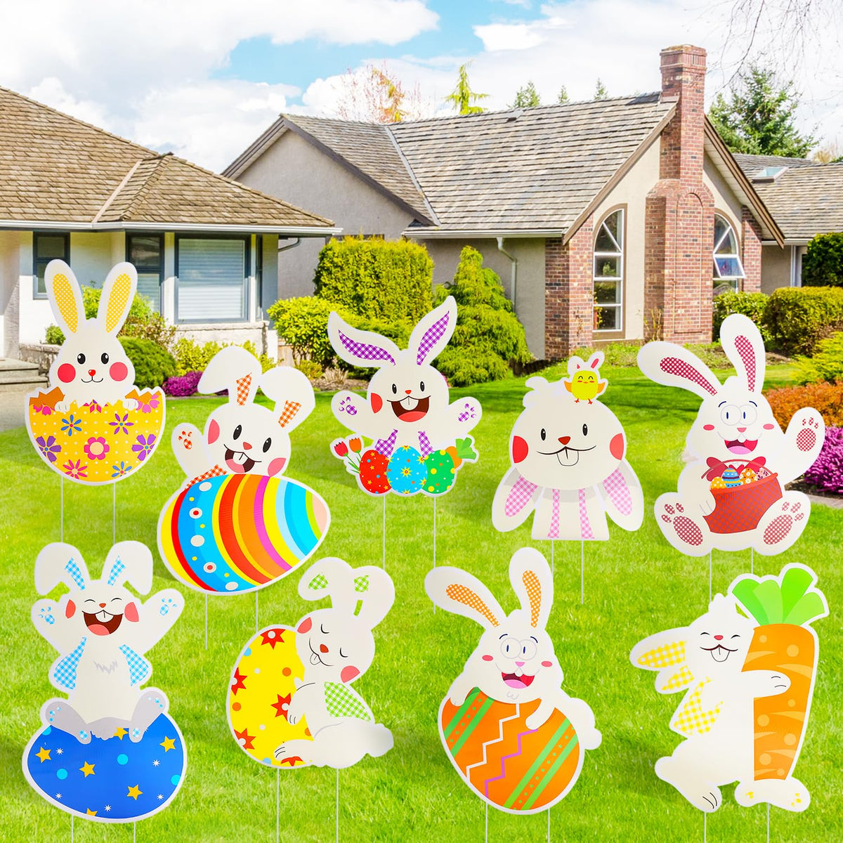 HOLYFUN Easter yard sign 9-pack boosts curb appeal for outdoor celebrations.