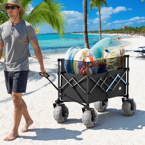 HOMBETTA Beach Wagon all-terrain tires tackle sand and grass smoothly.