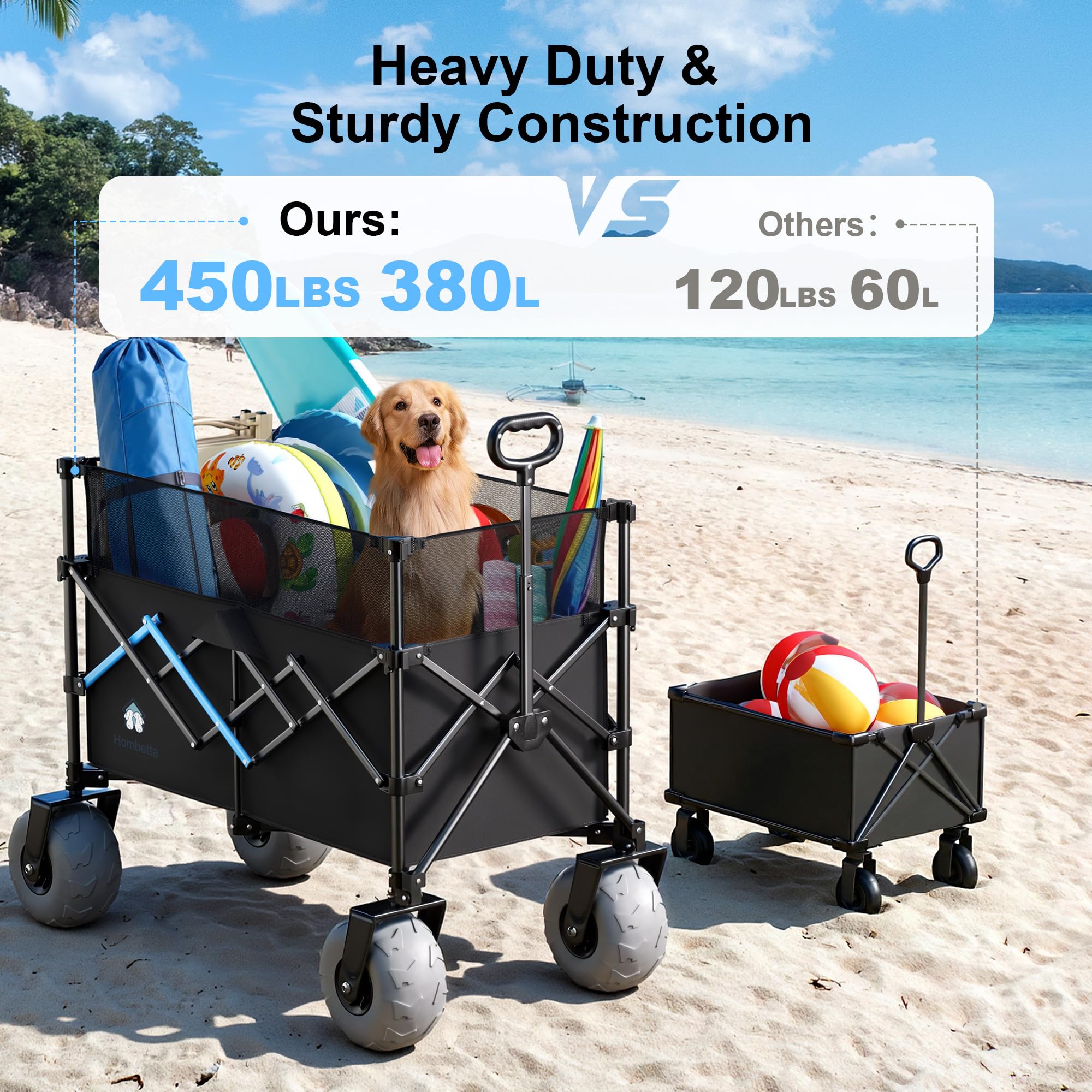 HOMBETTA Beach Wagon tilt-adjustable-handle aids comfortable pulling.