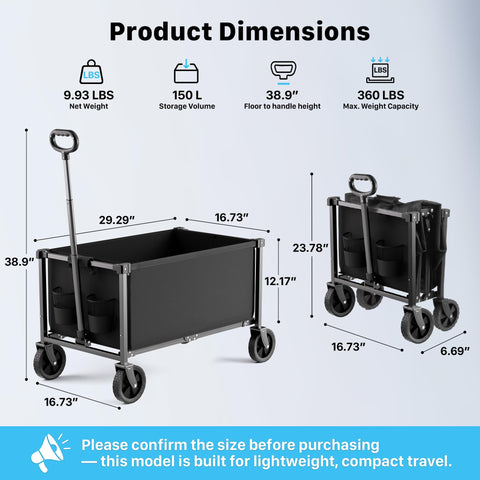 HOMBETTA portable cart features 360° wheels for smooth rides over grass and gravel.