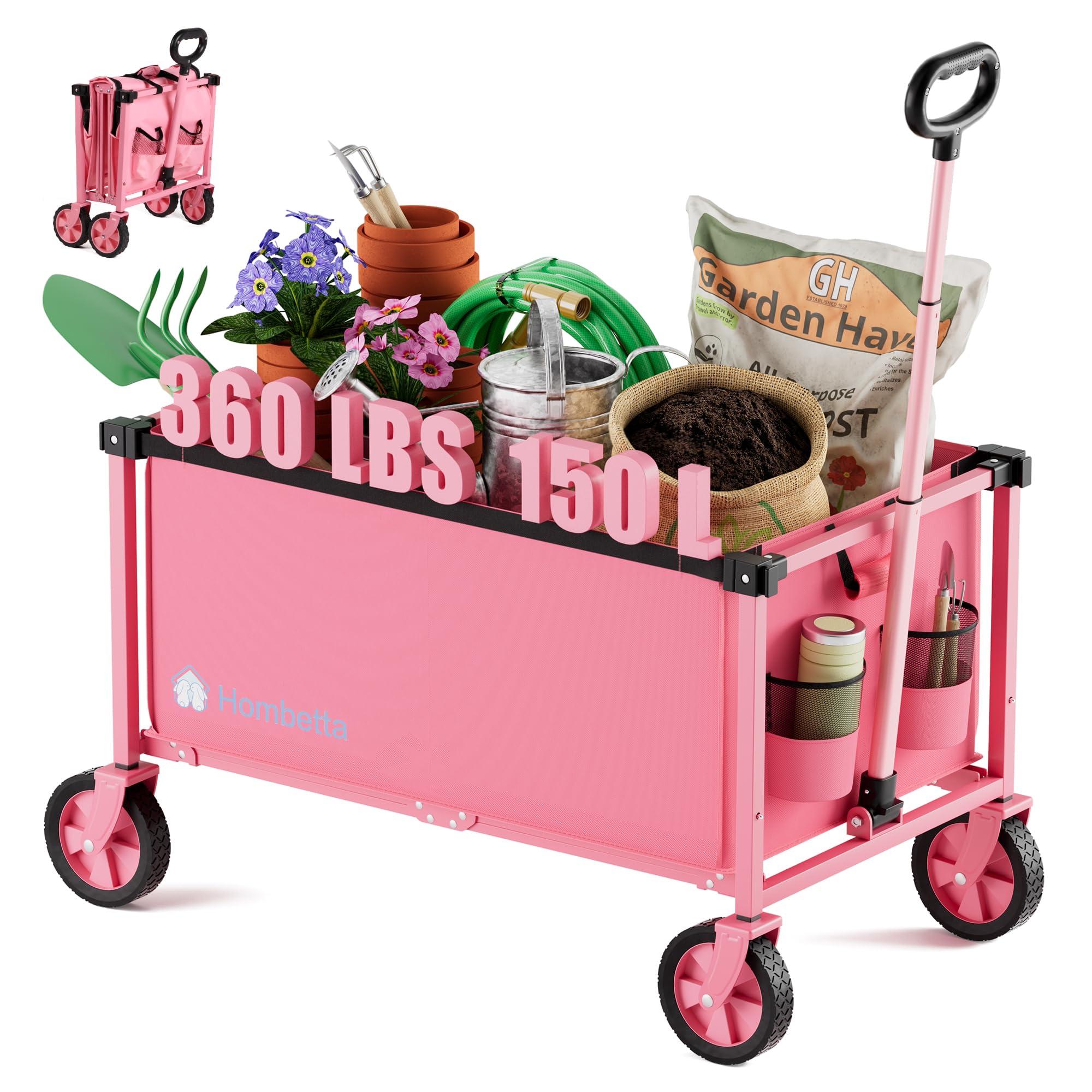 HOMBETTA collapsible pink wagon folded for compact storage and easy transport.