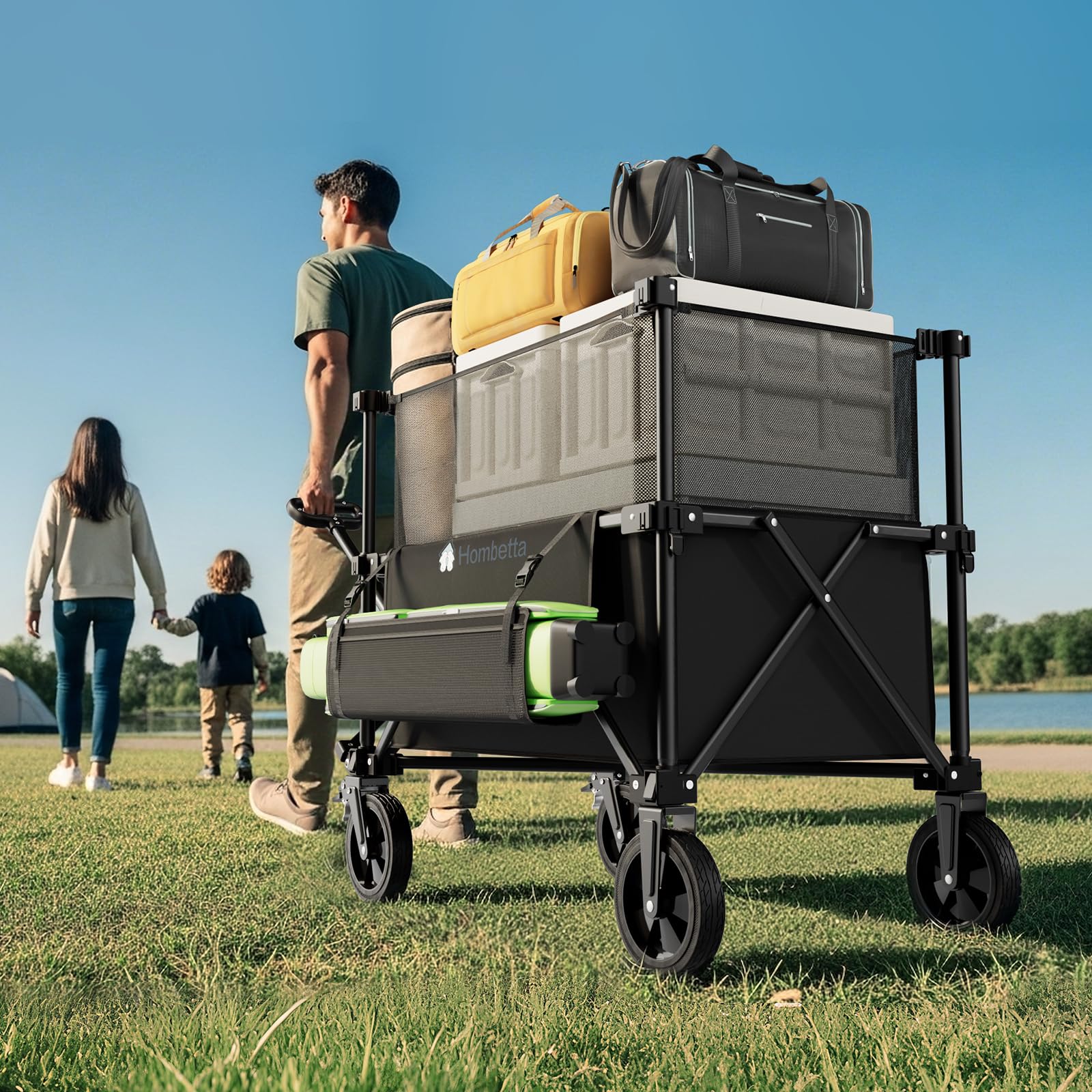 HOMBETTA wagon adjustable-handle demonstrates easy steering on uneven ground.
