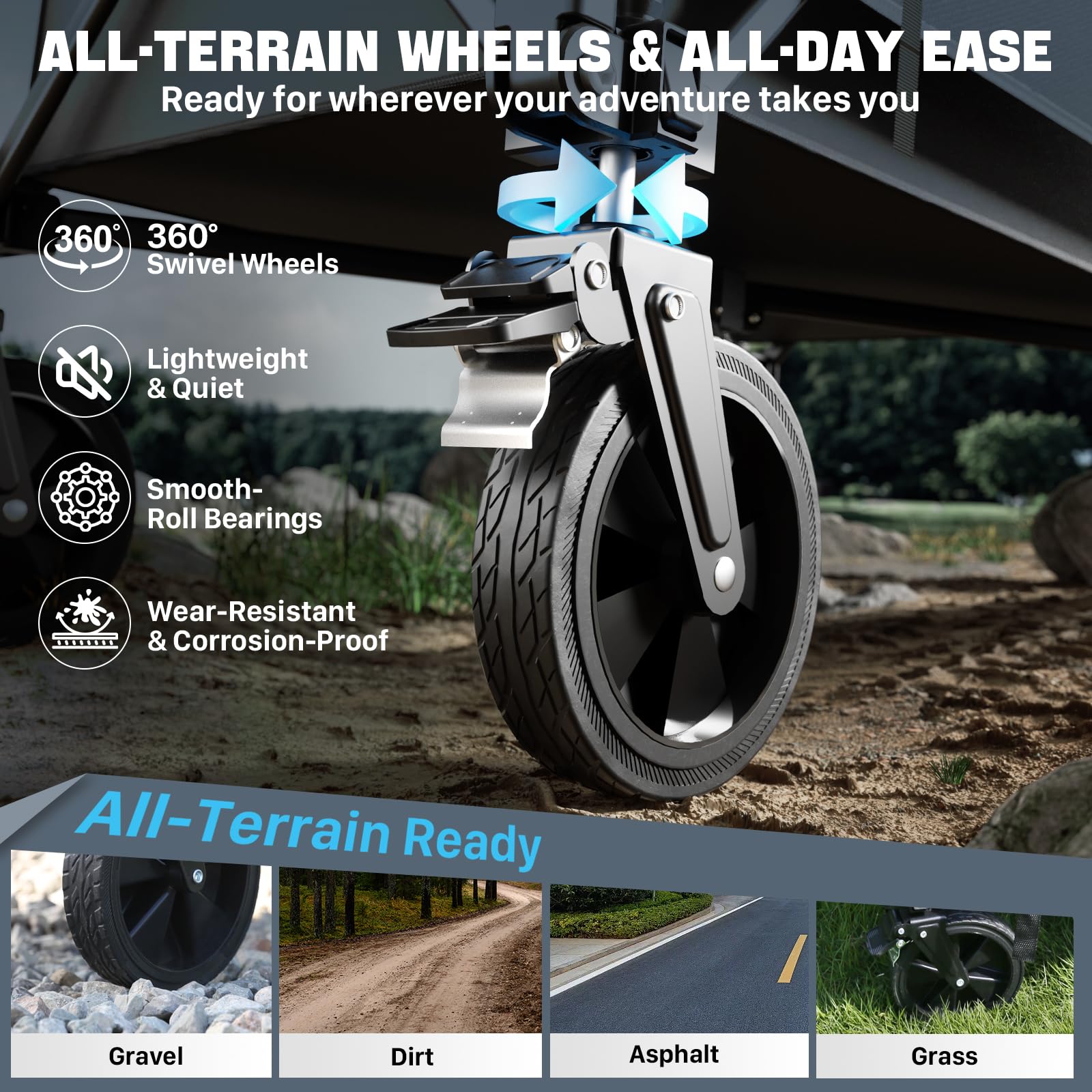 HOMBETTA folding wagon all-terrain-wheels with brakes enables stable movement on sand and gravel.