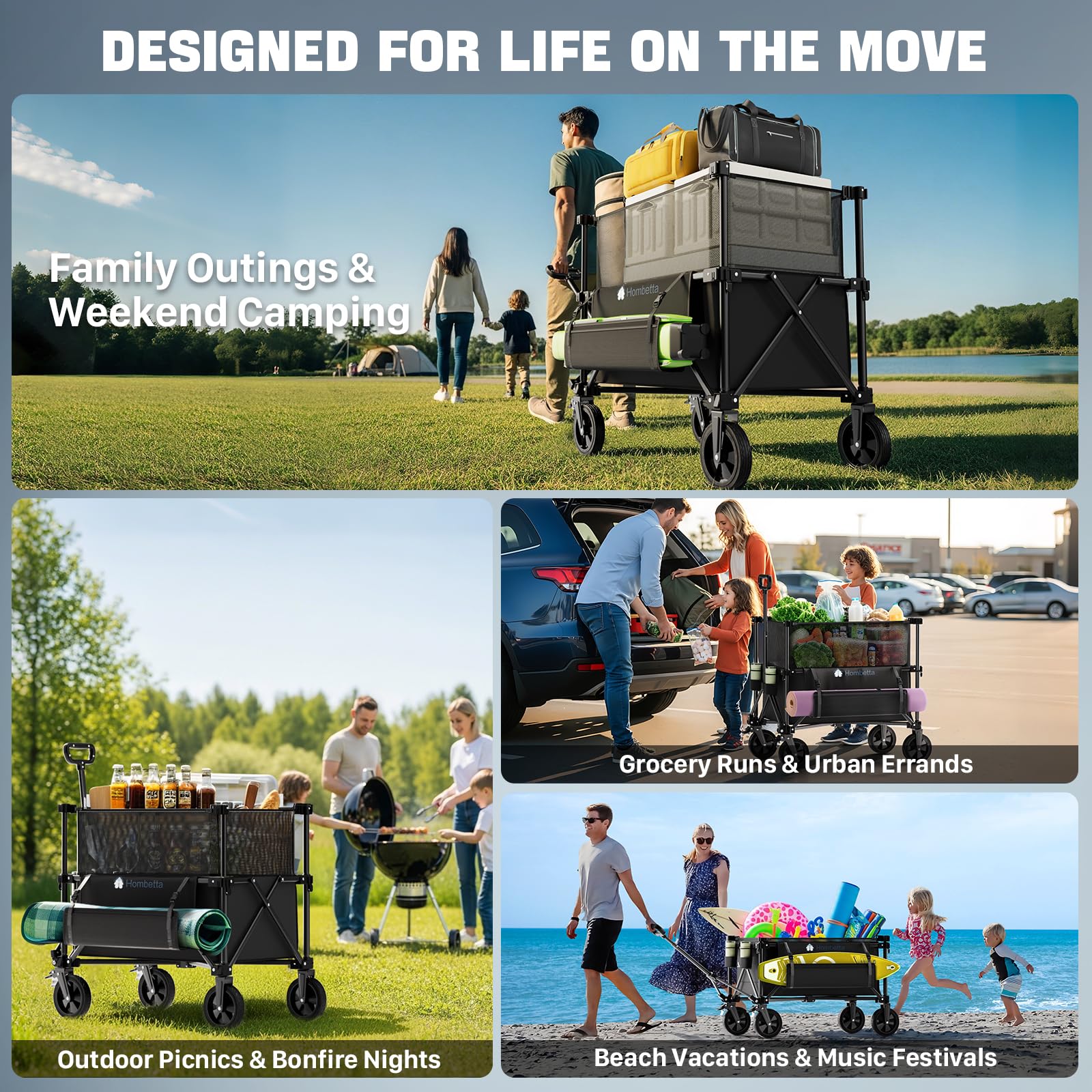HOMBETTA folding wagon all-terrain-use on beach with smooth glide.
