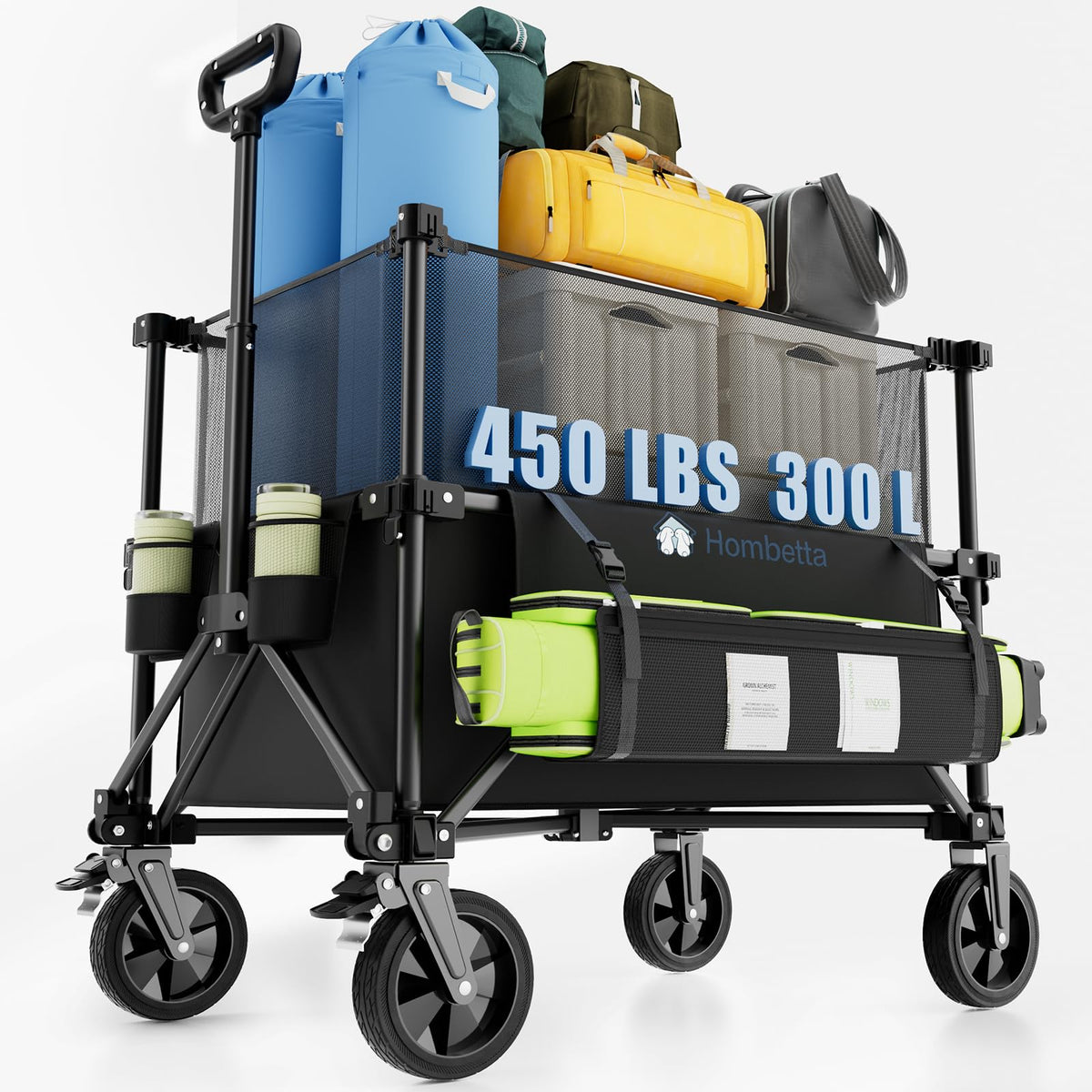HOMBETTA folding wagon double-decker in use for groceries and beach gear.
