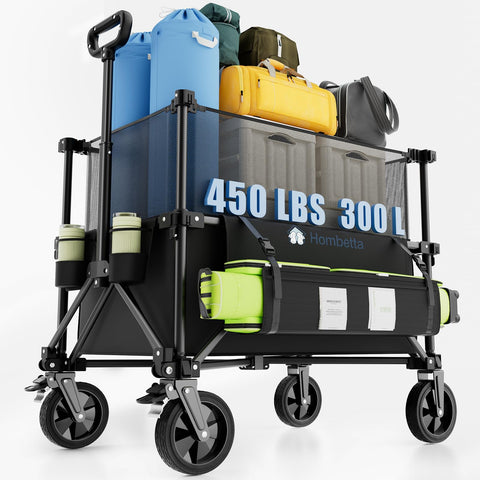 HOMBETTA folding wagon double-decker in use for groceries and beach gear.