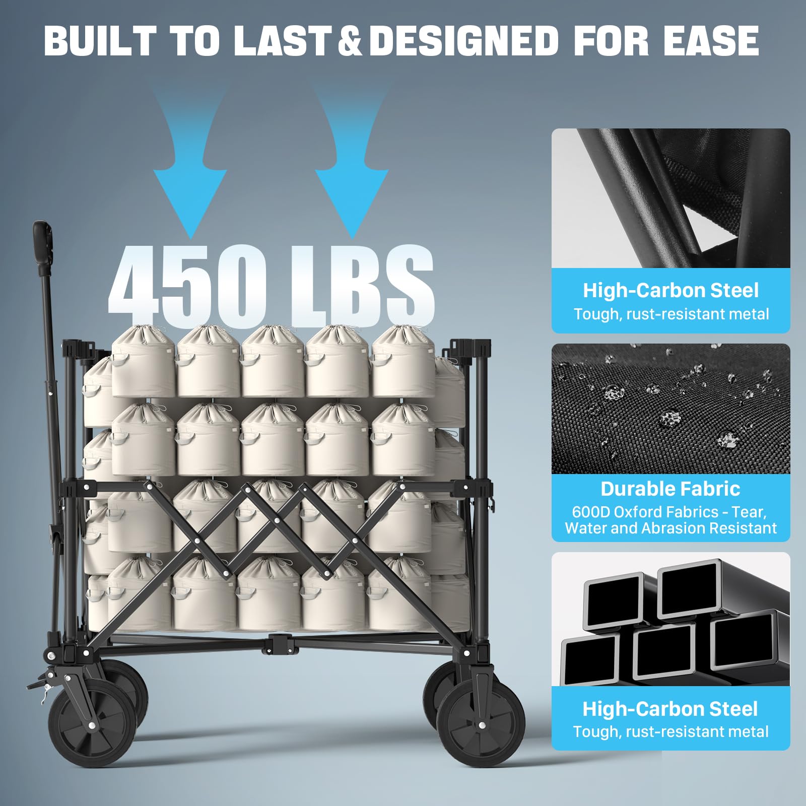 HOMBETTA folding wagon durable-high-carbon-steel frame for heavy loads and long life.