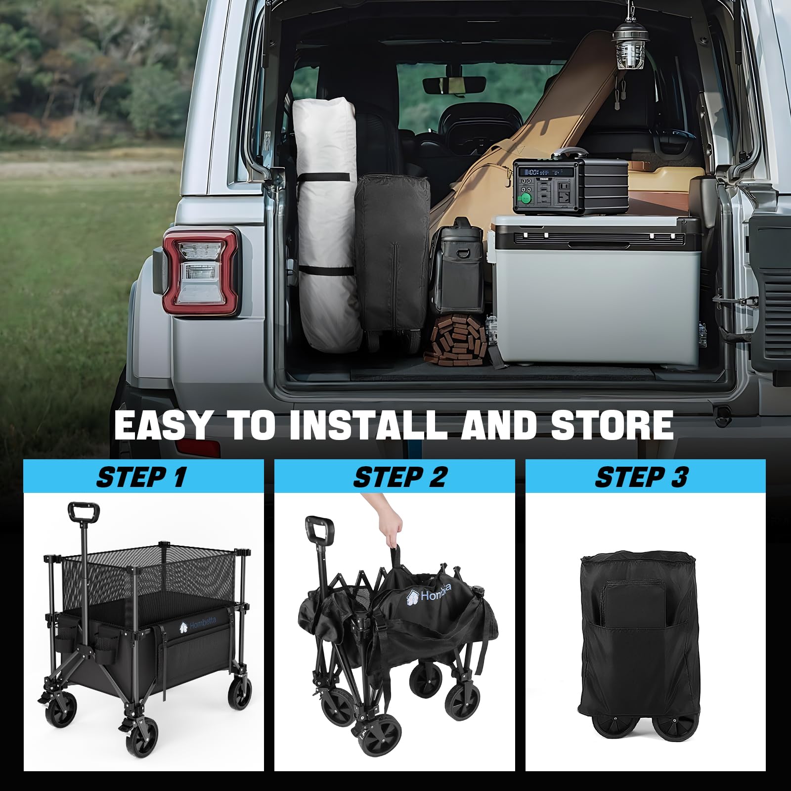 HOMBETTA folding wagon quick-fold design makes storage effortless in homes and cars.