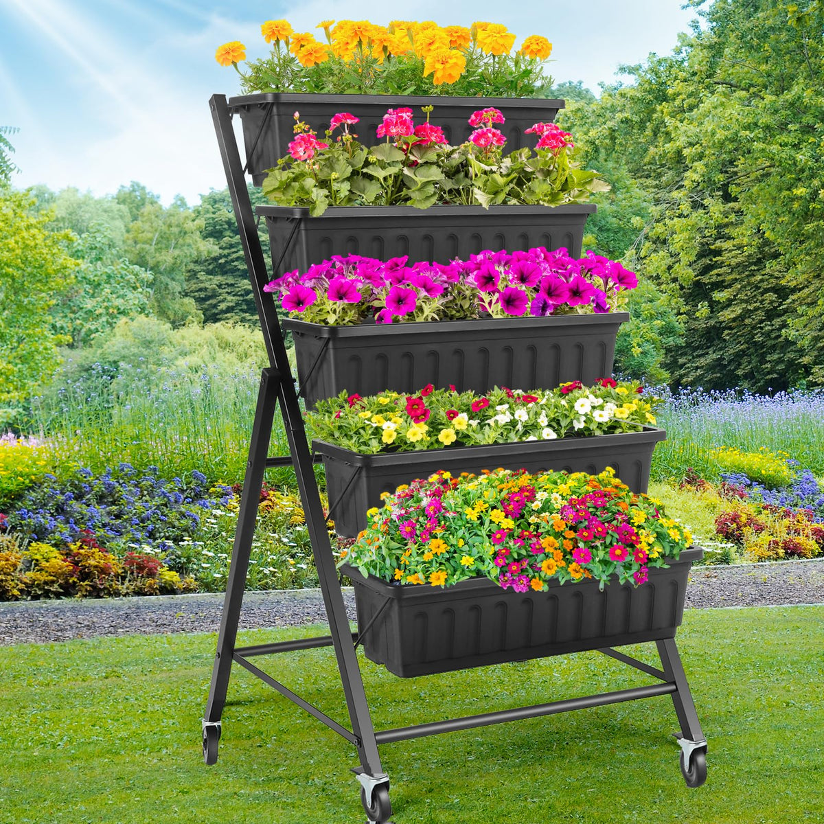 Homdox 5-tier elevated garden bed in black for compact balcony gardening.